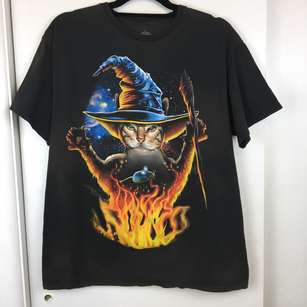 Cat Wizard T-Shirt Black Sz XL